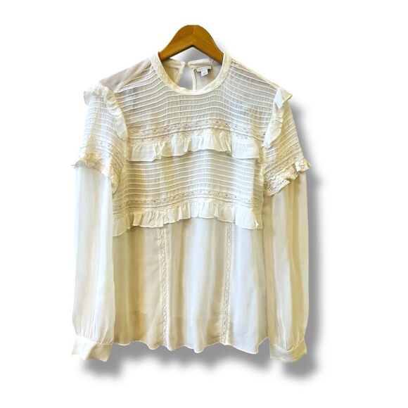 Hinge Prairiecore Blouse Sz L Cream Pleated Ruffles Long Sleeve Sheer Boho - Picture 1 of 8